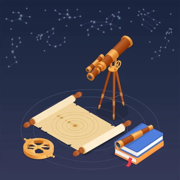 Composición Ciencia Antigua Con Símbolos Astronómicos Ilustración Vectorial Isométrica — Vector de stock