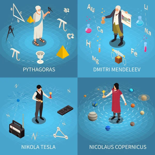 Famous Scientists Isometric Set Four Square Compositions Pythagoras Mendeleev Tesla — ストックベクタ