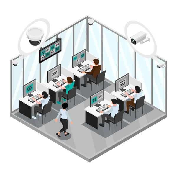 Access Control System Isometric Composition View Office Workers Computers Cctv — Διανυσματικό Αρχείο