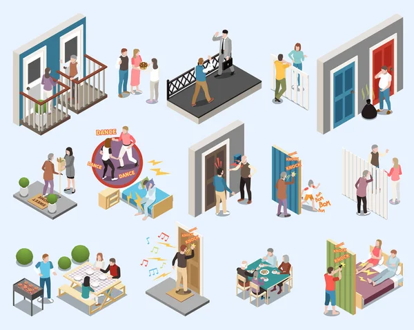 Neighbors Isometric Icons Set People Chatting Friendly Having Parties Isolated — Vettoriale Stock