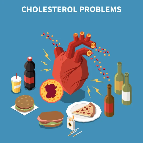Cholesterol Problemen Isometrische Concept Met Goede Slechte Vetproducten Vector Illustratie — Stockvector