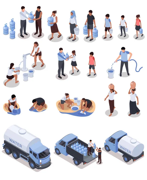Water Scarcity Isometric Set People Suffering Lack Water Volunteers Distributing — Archivo Imágenes Vectoriales