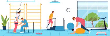 Physiotherapy flat composition with people doing physical exercises in gym with coach help vector illustration