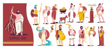 Olympian gods isolated flat icon set different gods figures and greek warriors vector illustration