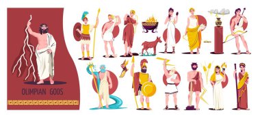 Olympian gods isolated flat icon set different gods figures and greek warriors vector illustration clipart
