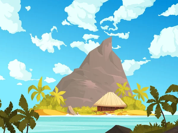 Tropikalny Plakat Kreskówki Wyspa Krajobraz Palmami Wektor Górski Ilustracja — Wektor stockowy