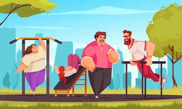 Workout Cartoon Composition Males Females Doing Sport Outdoors Vector Illustration — Wektor stockowy