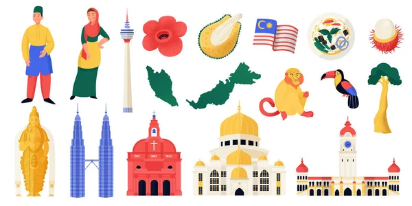 Malajsie Cestovní Ikony Ploché Set Turistickými Atrakcemi Kulturní Symboly Izolované — Stockový vektor