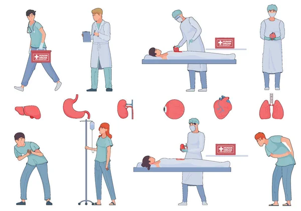Organ Transplant Flat Set Isolated Icons Organs Doodle Style Characters — Stok Vektör
