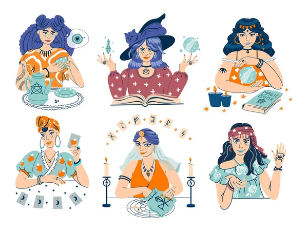 Fortune Teller Characters Flat Set Mystic Ladies Telling Future Palmistry — Image vectorielle