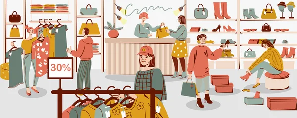 Shopping Menschen Flache Zusammensetzung Mit Käufern Und Verkäufern Bekleidungsgeschäften Interieur — Stockvektor