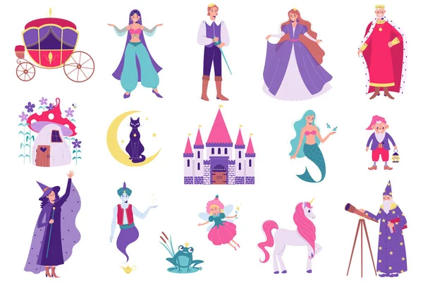Set Isolated Fairy Tale Flat Icons Images Mythical Story Heroes — Archivo Imágenes Vectoriales