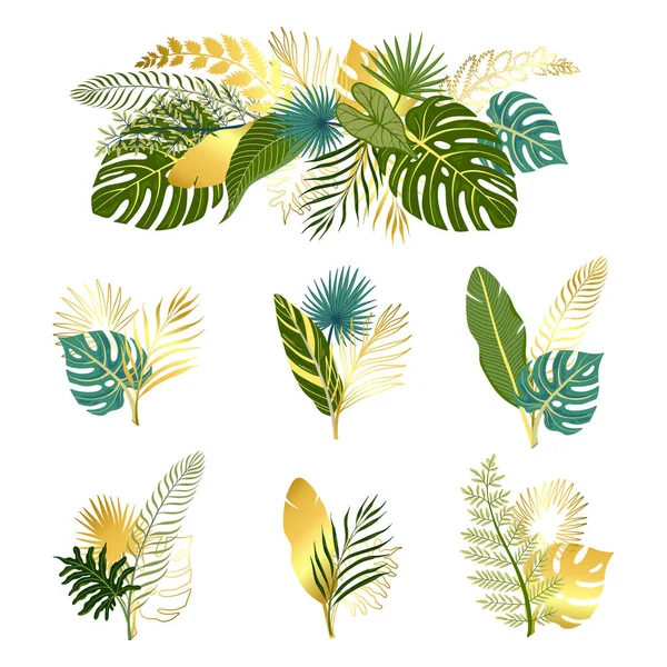 Bunches Green Golden Tropical Leaves Flat Set Isolated White Background — Vetor de Stock