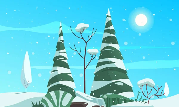 Tipi Ecosistema Cartoni Animati Poster Con Pini Ricoperti Neve Vettoriale — Vettoriale Stock