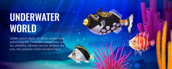 Onderwater Wereld Poster Met Schattige Coloful Vissen Koraalriffen Vector Illustratie — Stockvector