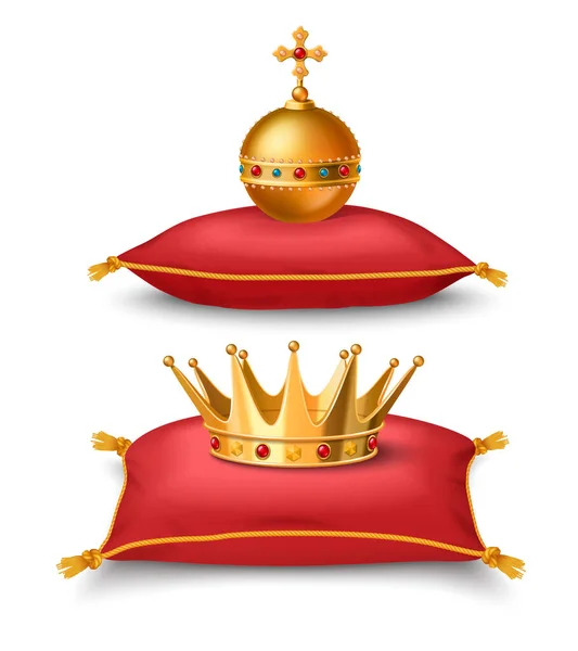 带有王冠的皇家权力符号和红色枕头上的圆球隔离矢量图解 — 图库矢量图片