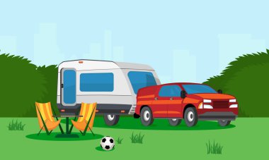 Summertime camping vacation flat composition with car and trailer using as mobile home on wheels with door and windows vector illustration clipart