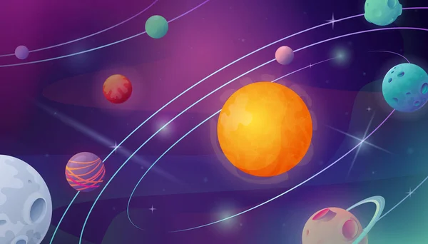 Space Cartoon Composition Colorful View Outer Space Flying Planets Glowing — Stockvektor