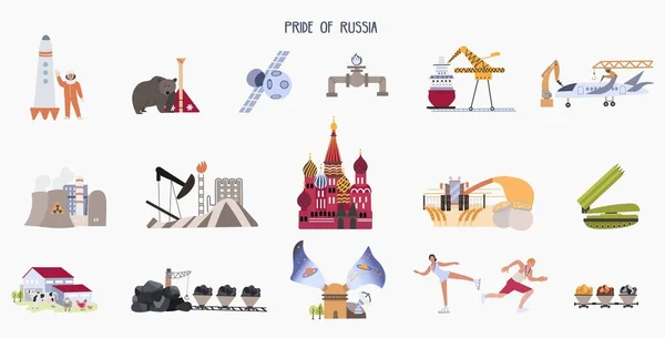 Russia Simbolo Piatto Insieme Con Composizioni Isolate Petrolio Gas Fabbriche — Vettoriale Stock