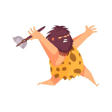 İlkel insan mağara adamı kompozisyonu. Karikatür insan karakteri. Eski insan avlama vektörü çizimi.