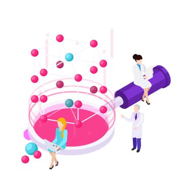 Atom laboratuvar ekipmanları ikonlarıyla nanoteknoloji izometrik bileşimi ve bilim adamları vektör illüstrasyonunun insan karakterleri
