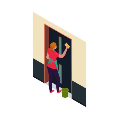 Boş arkaplan vektörü illüstrasyonunda temizlik rutinlerini gören Isometric temizlik servisi hizmetçi kompozisyonu