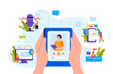 Ses kayıtlarını dinleyen ve tablet vektör illüstrasyonunu tutan insanların olduğu podcast düz arkaplan