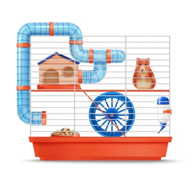 Hayvan besleyicisi ve aksesuar vektör illüstrasyonlu gerçekçi hamster kafesi