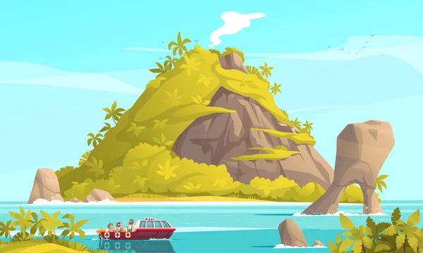 Tropical Island Cartoon Poster Tourist Boat Sea Vector Illustration — Stok Vektör