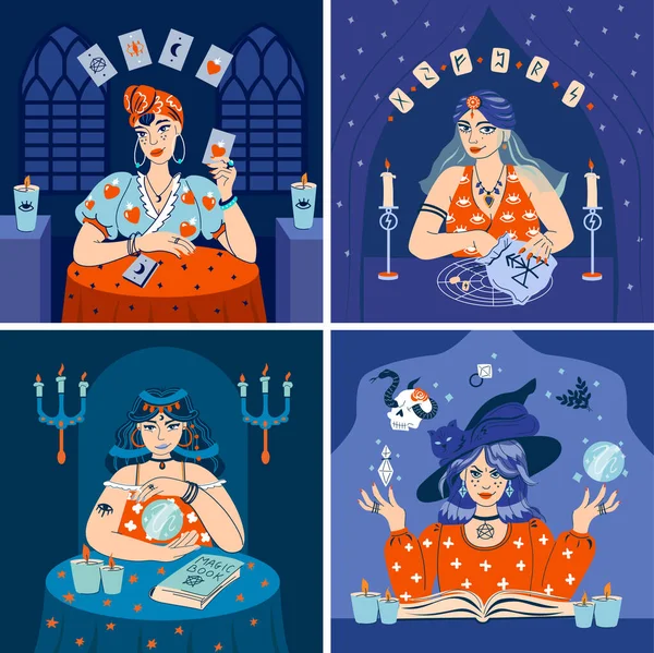 Fortune Tellers 2X2 Design Concept Four Woman Telling Future Runy — Stockový vektor