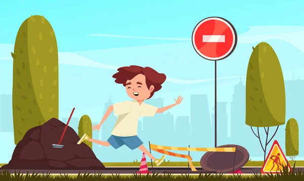 Kids Danger Cartoon Composition Boy Running Open Manhole Vector Illustration — Archivo Imágenes Vectoriales