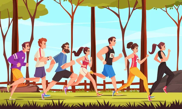 City Runner Cartoon Concept Group Young People Running Outdoors Vector — ストックベクタ