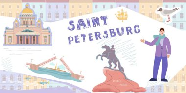 Düz elementler kolajıyla Saint Petersburg kompozisyonu eskiz stili köprüler tarihi binalar ve manzara vektör illüstrasyonları