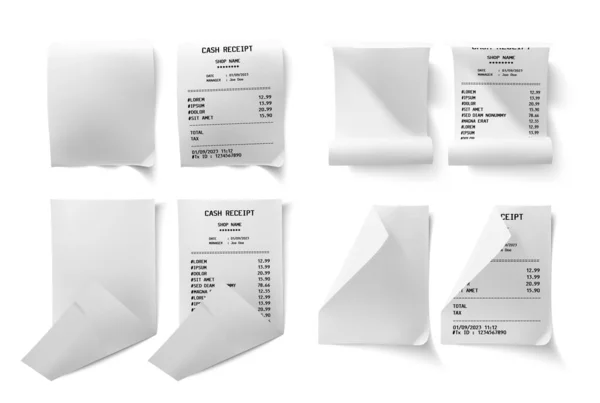 Realistic Receipt Set Isolated Paper Sheets Purchases List Text Shadows — Vettoriale Stock