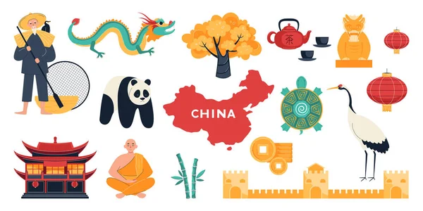 China Symbol Flaches Set Mit Isolierten Ikonen Von Tieren Souvenirs — Stockvektor