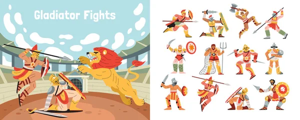 Gladiator Fights Set Flat Compositions Ancient Warriors Armour Lions Stadium — 图库矢量图片