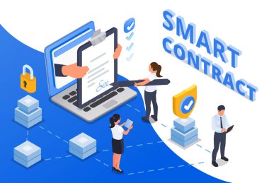 Smart contract agreement electronic signature isometric composition with business people and gadgets vector illustration