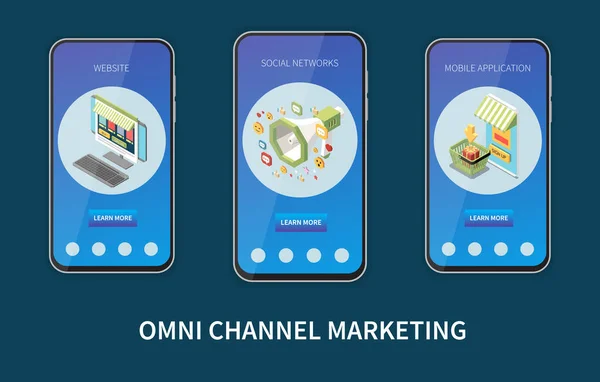 Omni Channel Marketing Isometric Set Promotion Mobile App Templates Isolated — стоковий вектор