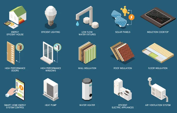 Energy Efficient House Isometric Icons Set Electric Appliances Sustainable Technologies — 图库矢量图片