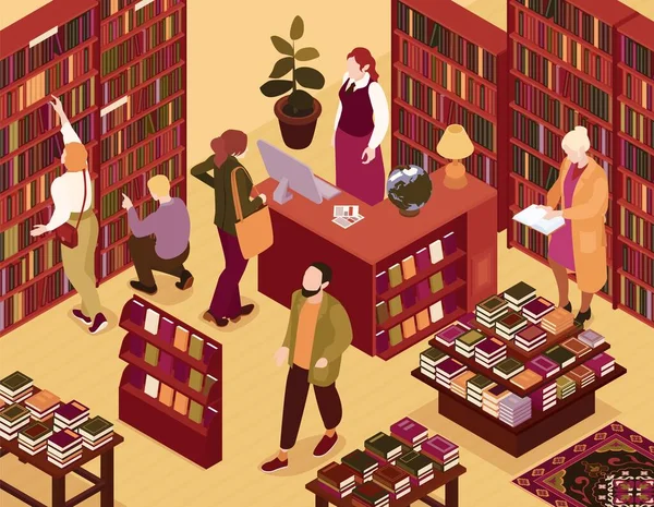 Isometric Colored Books Shop Composition Bookstore Premises Visitors Bookshelves Vector — 图库矢量图片