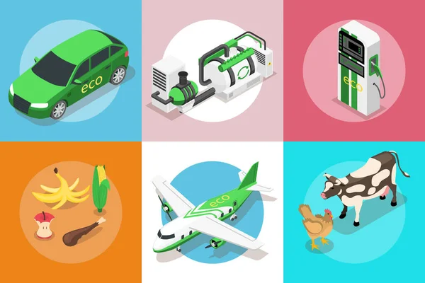 Set Six Square Compositions Icons Eco Transport Vehicles Animals Fuel — Vettoriale Stock