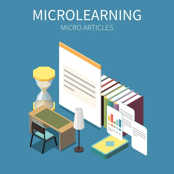 Microlearning Isometric Concept Micro Articles Trend Symbols Vector Illustration — Vetor de Stock