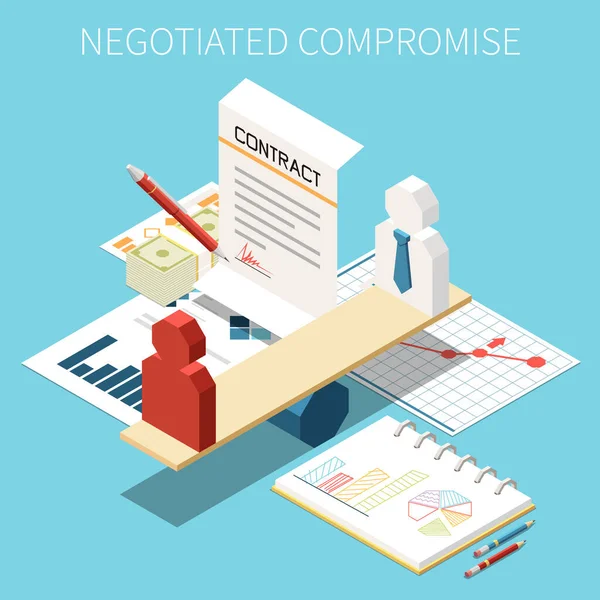 Negociación Comercial Composición Isométrica Con Símbolos Acuerdo Papel Ilustración Vectorial — Vector de stock