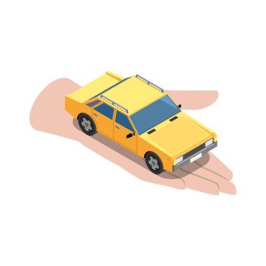 Kavramsal simgeler ve insan karakterleri vektör illüstrasyonuyla ortak araç paylaşımı izometrik bileşimi