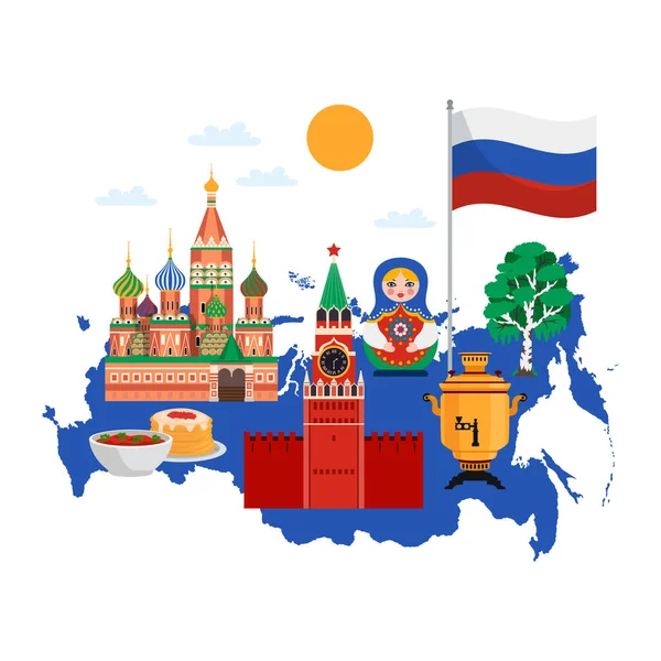 Rusko Cestovní Skladba Plochých Snímků Ruskými Národními Stereotypy Orientačními Body — Stockový vektor