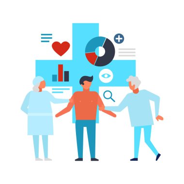 Kavramsal simgelerin dijital çevrimiçi tıp bileşimi. Aletleri ve insan illüstrasyonları olan piktogramlar.