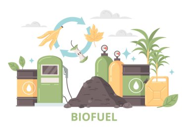 Green energy flat design concept consisting of organic waste and byproducts as sources of different types of biofuel vector illustration clipart