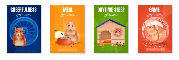 Realistic Hamster Poster Set Funny Pet His Accessories Isolated Vector — Stockový vektor
