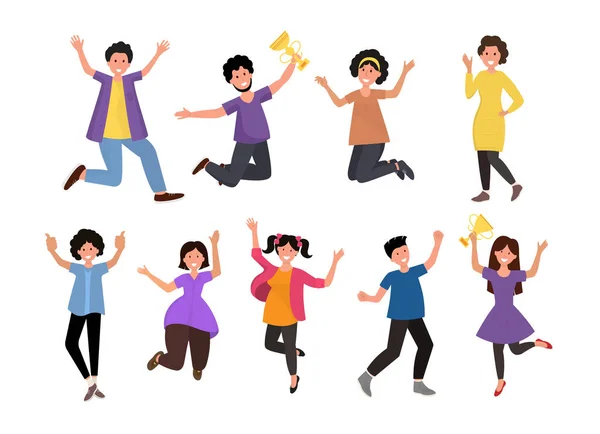 Happy People Flat Cartoon Characters Celebrating Winning Sports Competitions Just — Image vectorielle