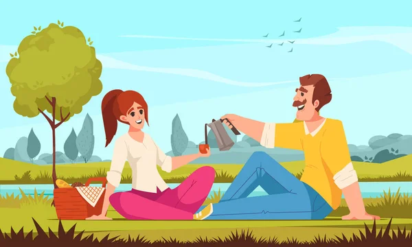 Picnic Cartoon Concept Young Couple Having Romantic Dinner Outdoors Vector — Stockvector